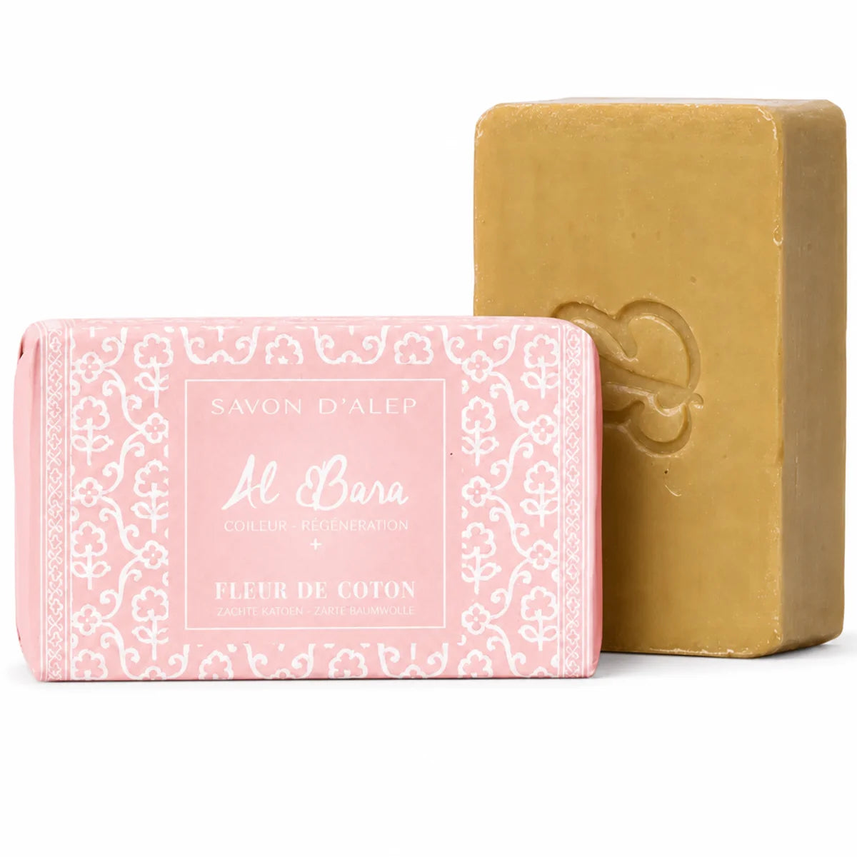 Savon d'Alep Al Bara Fleur de Coton avec emballage rose et barre dorée embossée