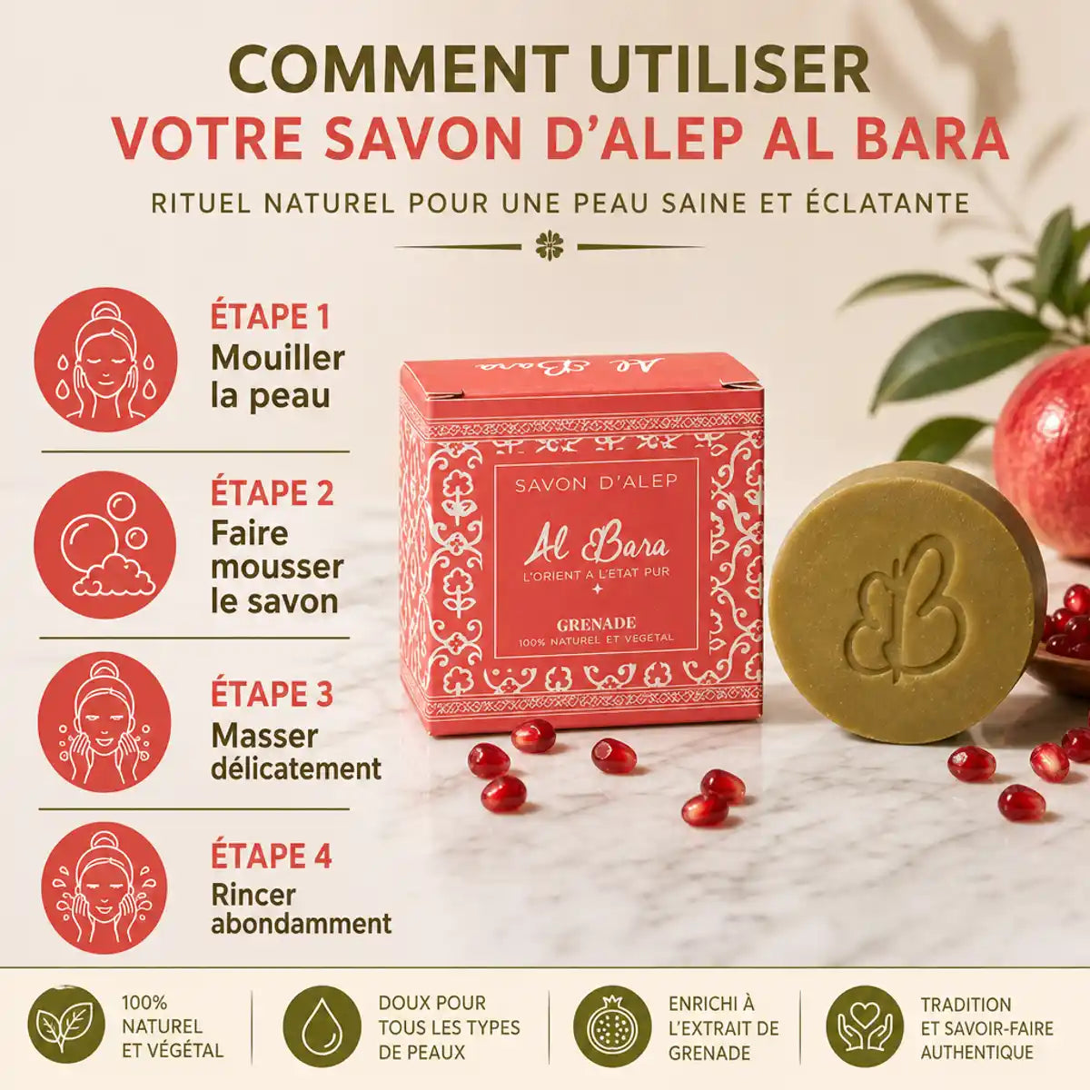 Savon d'Alep Al Bara Grenade avec guide d'utilisation en 4 étapes sur marbre blanc
