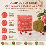 Savon d'Alep Al Bara Grenade avec guide d'utilisation en 4 étapes sur marbre blanc