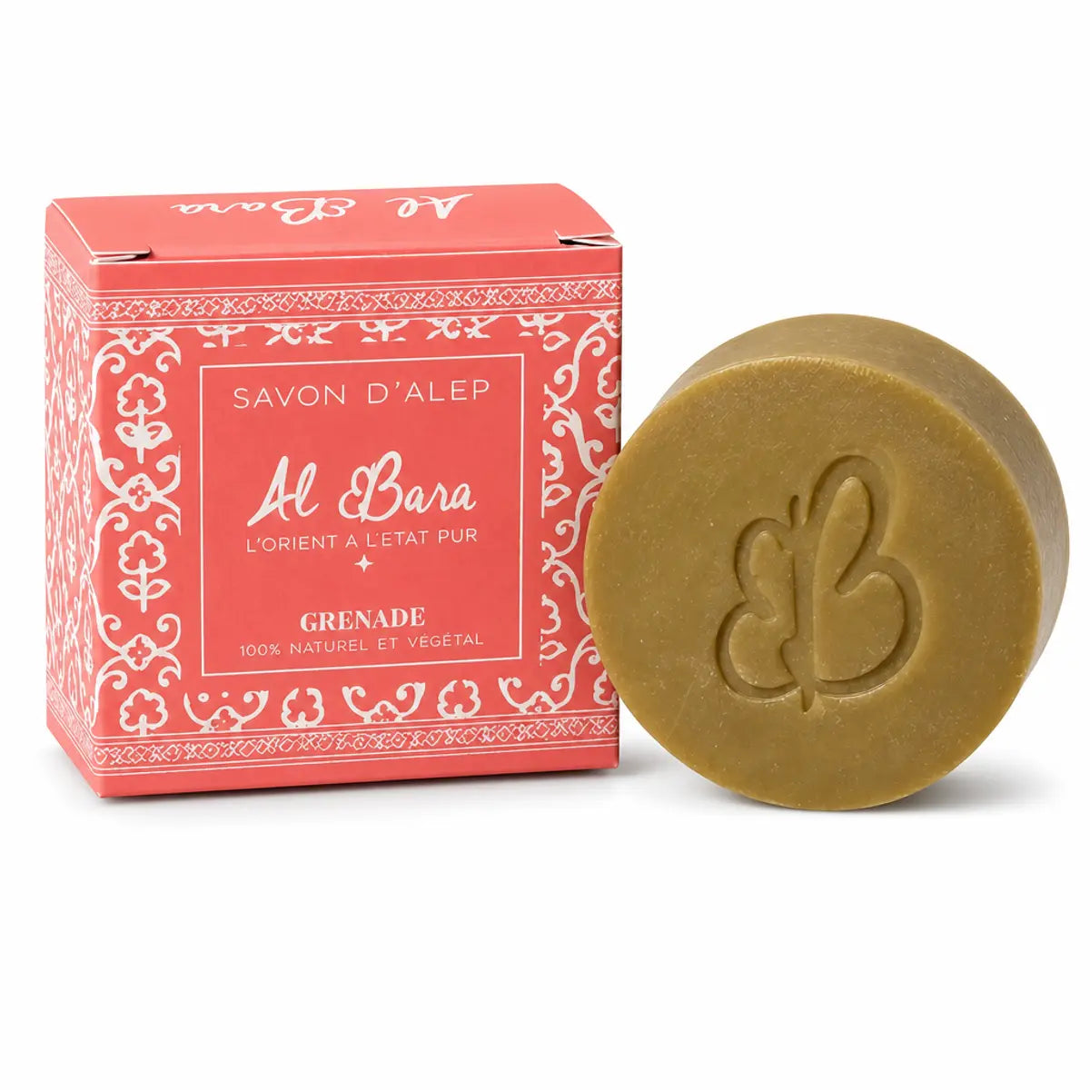Savon d'Alep Grenade Al Bara avec boîte rouge, barre carrée verte olive sur fond blanc