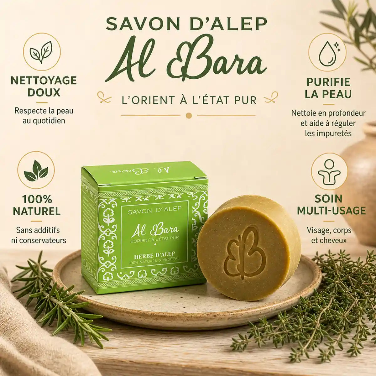 Savon d'Alep Al Bara naturel avec emballage vert, herbes aromatiques et infographie des bénéfices