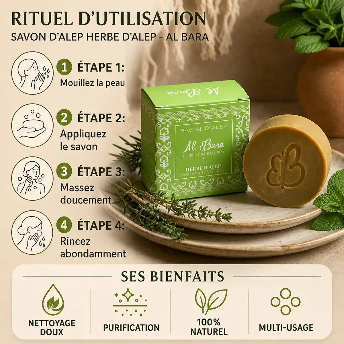 Savon d'Alep Herbe d'Alep Al Bara 100% naturel avec étapes d'utilisation et herbes fraîches