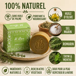 Savon d'Alep Al Bara naturel avec huile d'olive, romarin et thym sur fond neutre