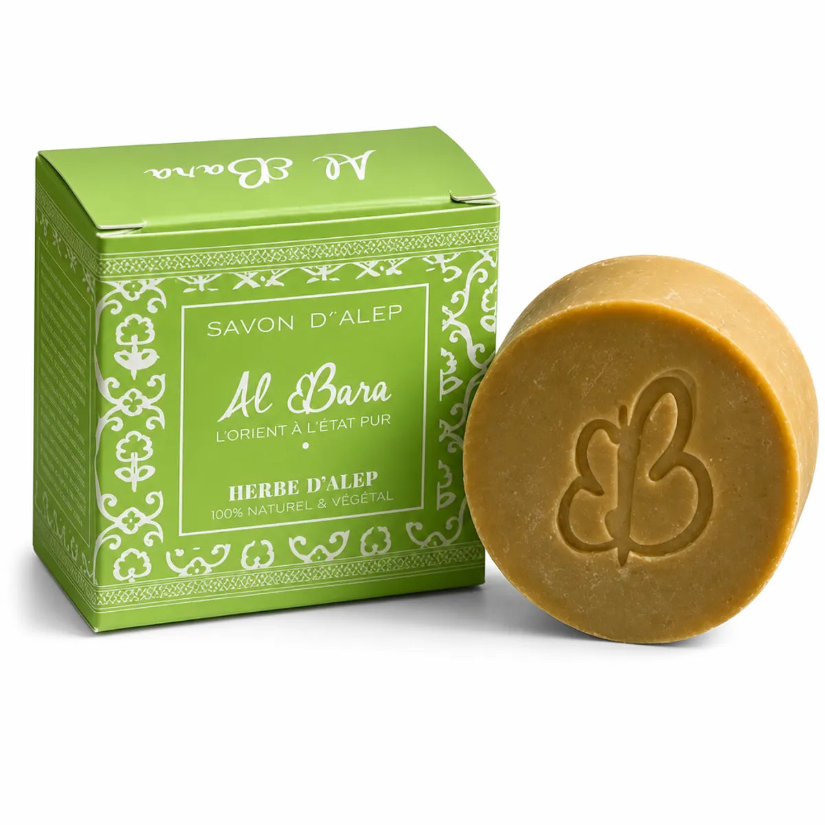 Savon d'Alep Herbe d'Alep Al Bara naturel avec son emballage vert