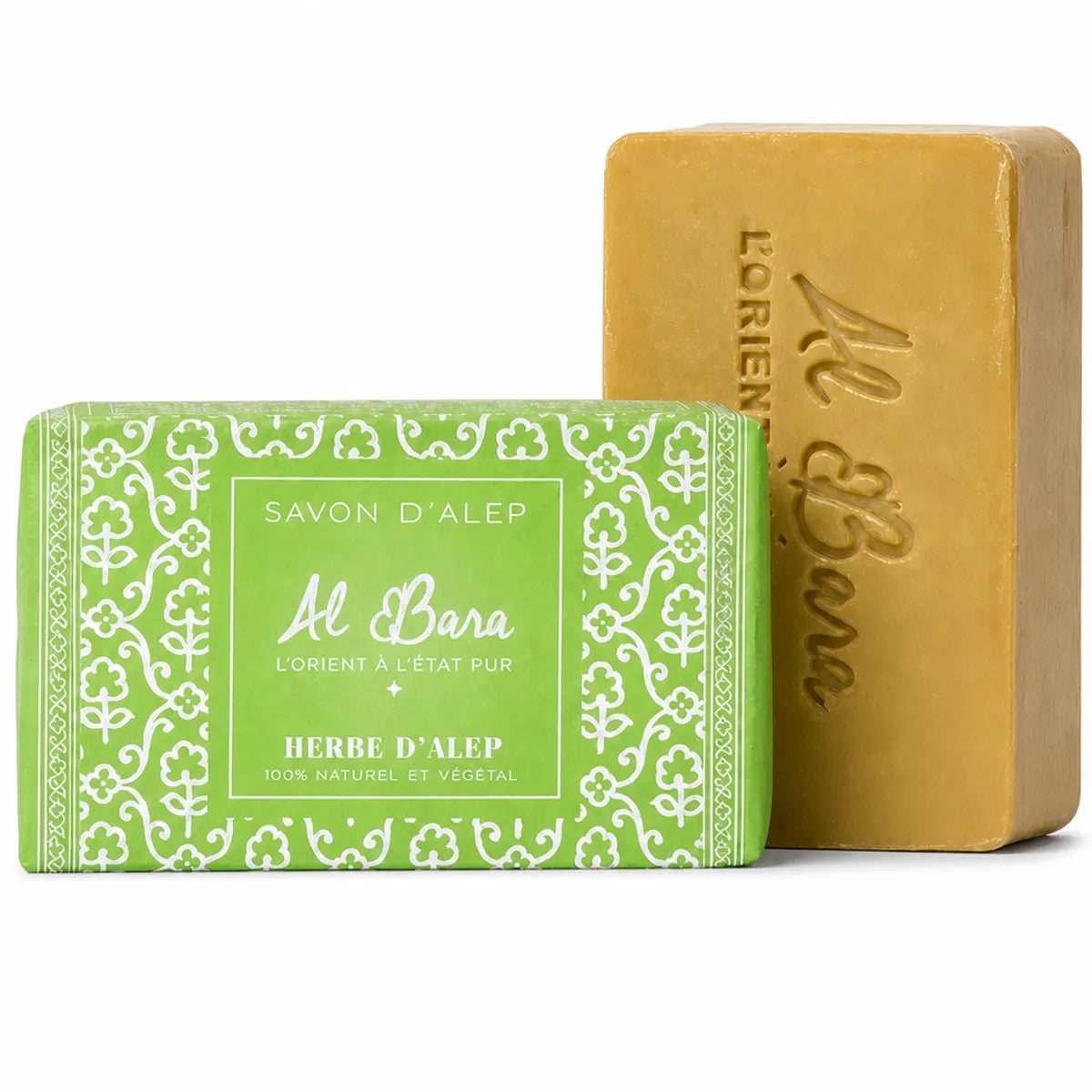 Savon d'Alep Herbe d'Alep Al Bara 100% naturel avec emballage vert et savon doré