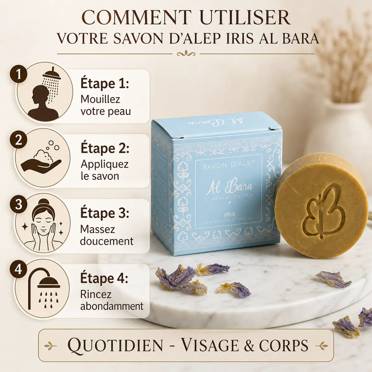 Savon d'Alep Iris Al Bara avec guide d'utilisation étapes sur marbre et pétales séchés