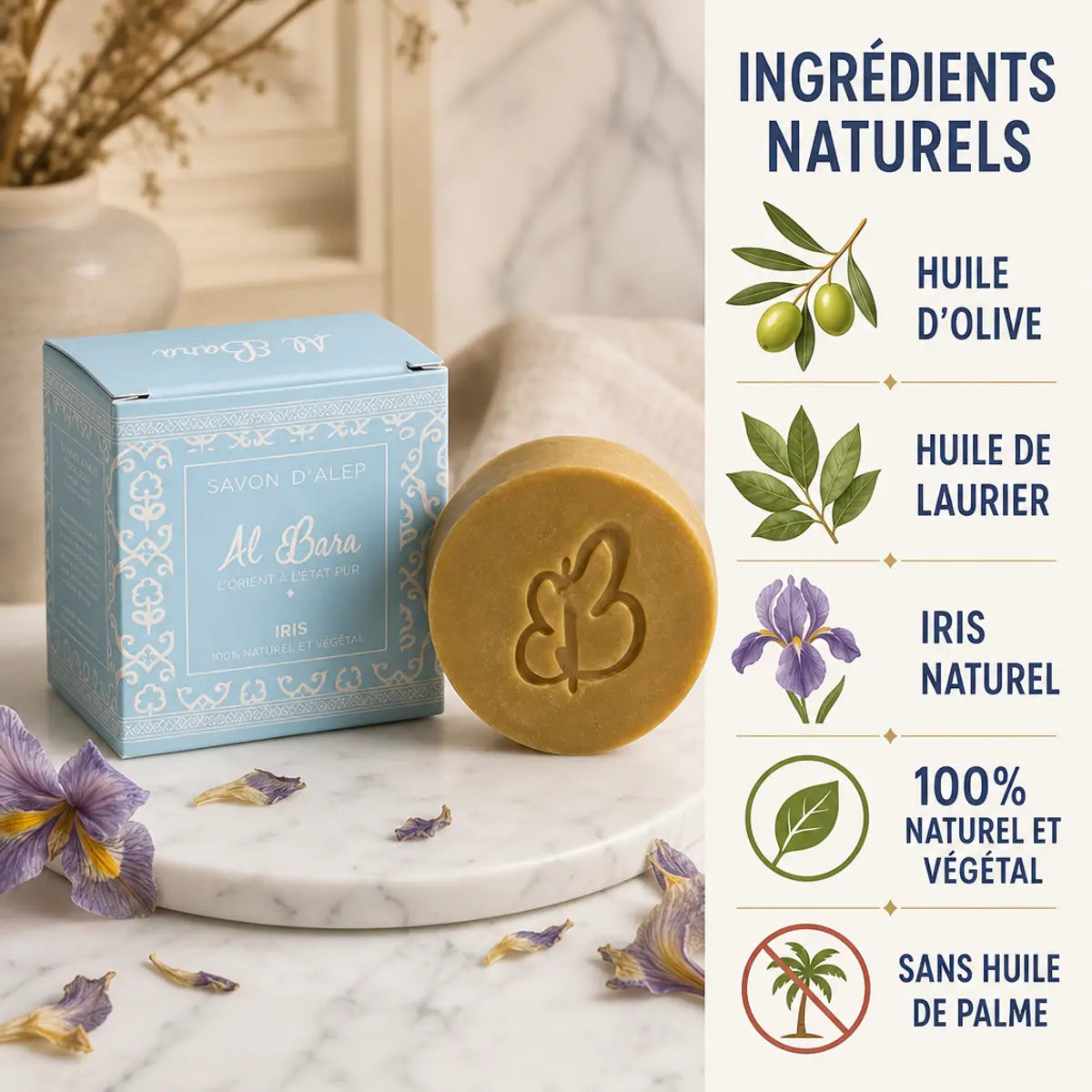 Savon d'Alep Iris Al Bara avec ingrédients naturels : huile d'olive, laurier et iris