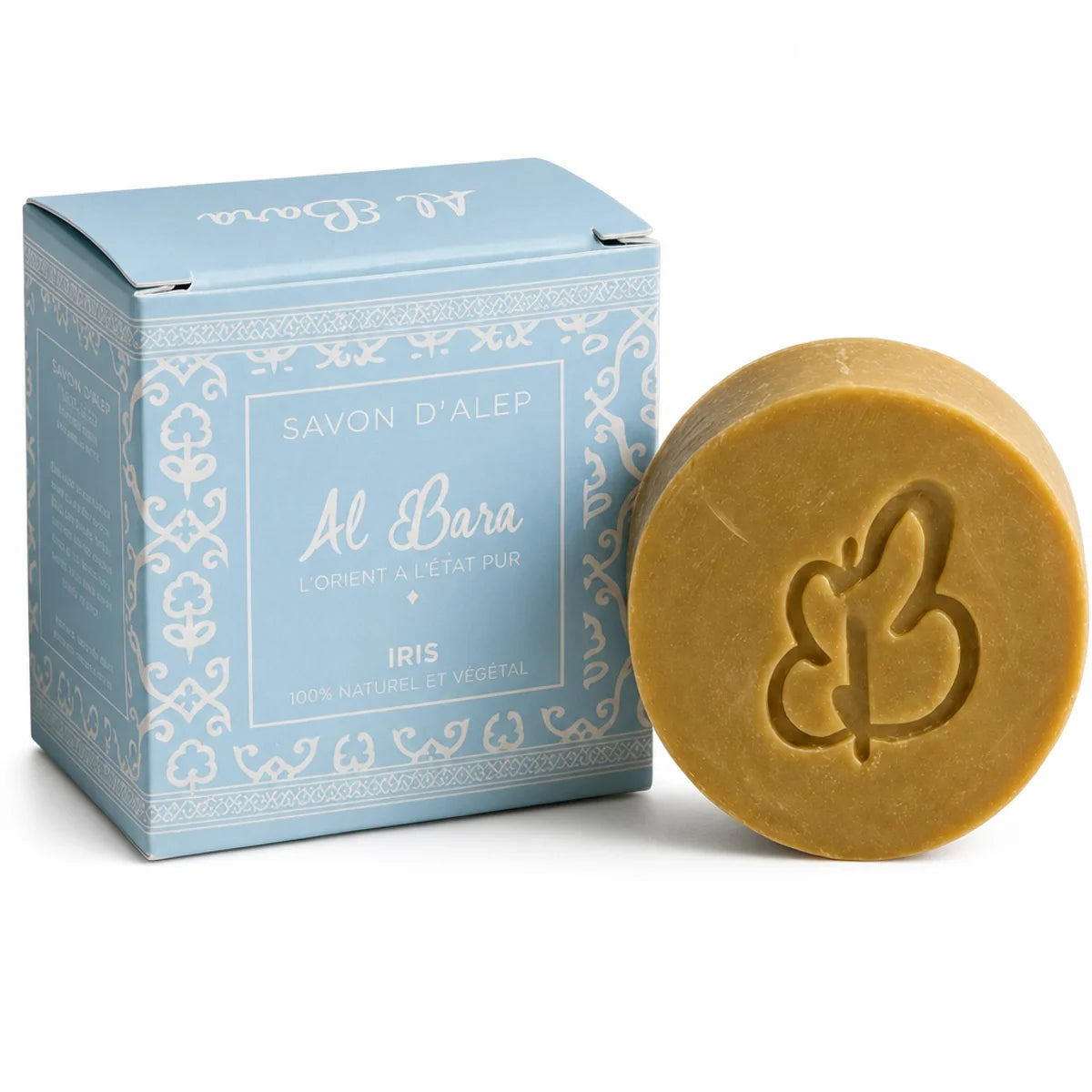 Savon d'Alep Iris Al Bara artisanal doré avec sa boîte bleue décorée, photo produit professionnelle