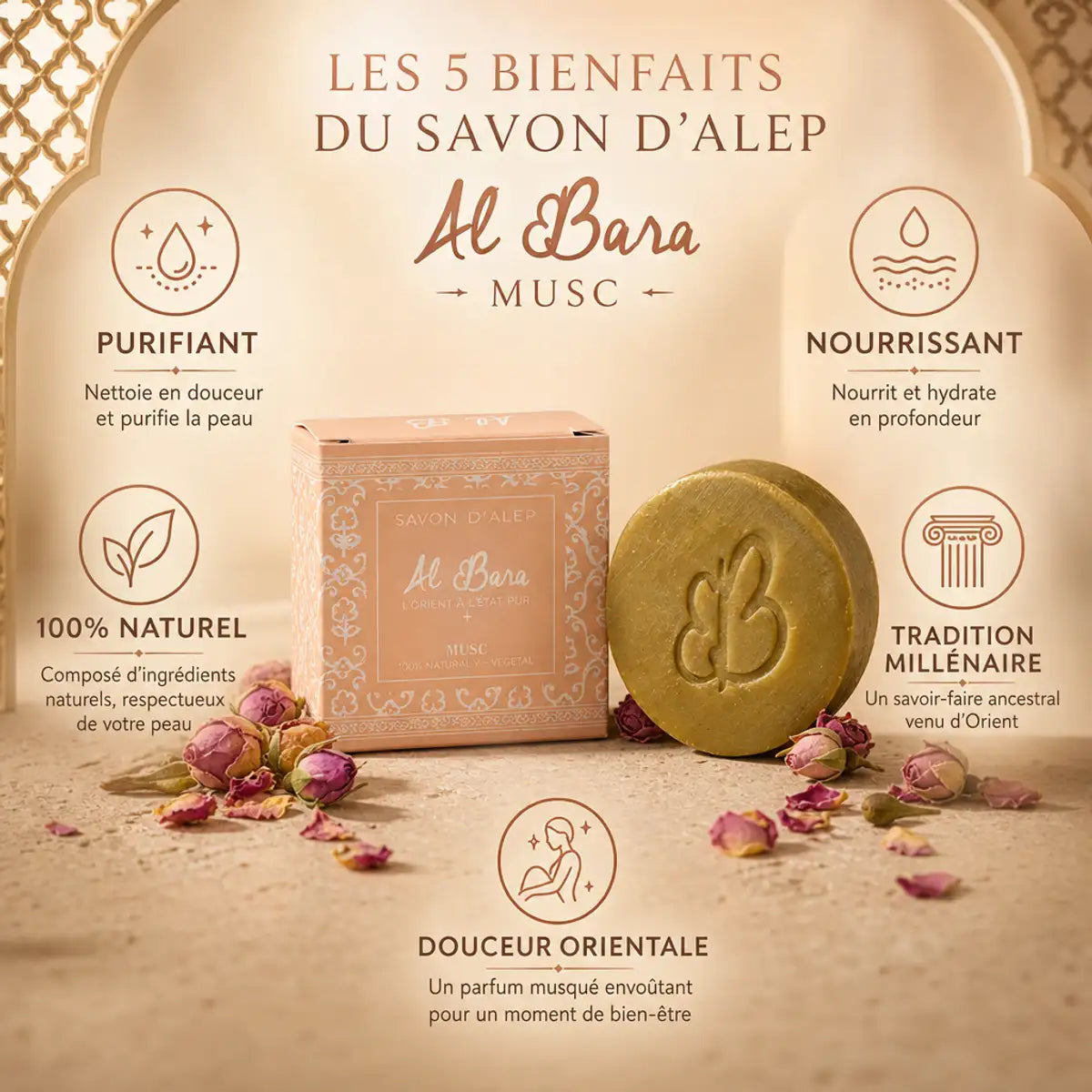 Savon d'Alep Al Bara Musc avec ses 5 bénéfices : purifiant, nourrissant, naturel, traditionnel et doux