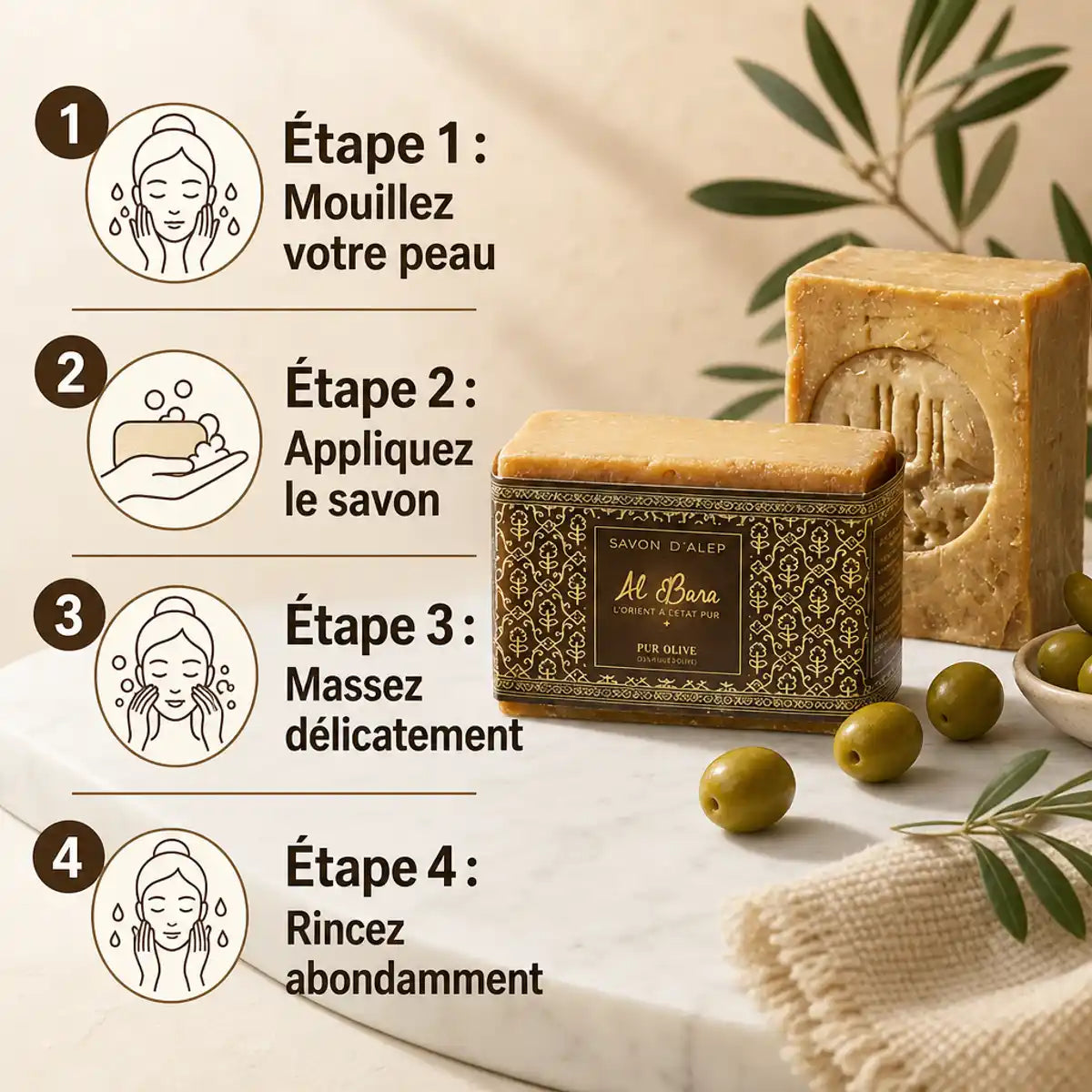 Savon d'Alep pur olive Al Bara 200g avec guide d'utilisation et olives fraîches
