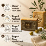 Savon d'Alep pur olive Al Bara 200g avec guide d'utilisation et olives fraîches