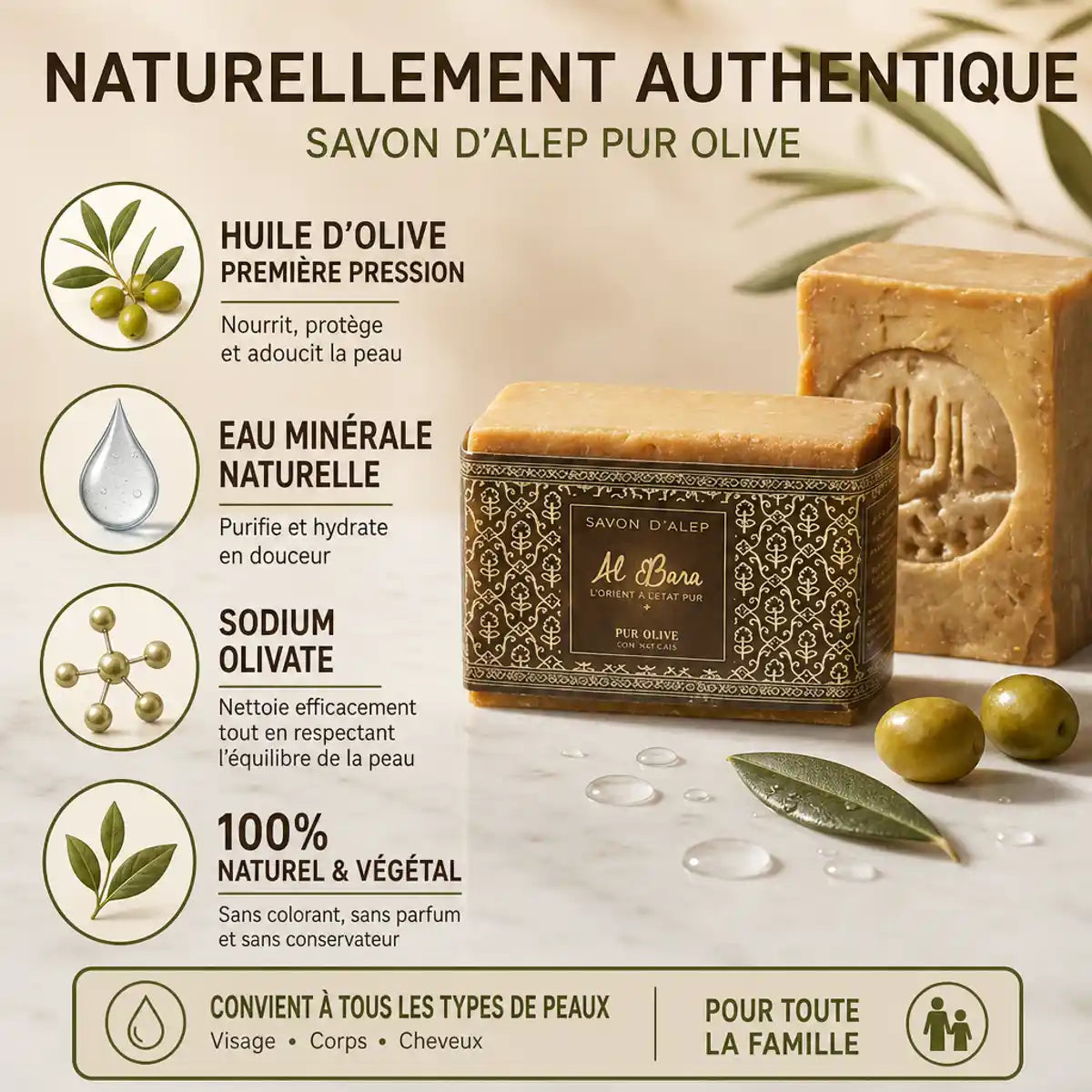 Savon d'Alep Pur Olive Al Bara 200g avec olives fraîches et ingrédients naturels sur marbre