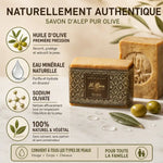 Savon d'Alep Pur Olive Al Bara 200g avec olives fraîches et ingrédients naturels sur marbre