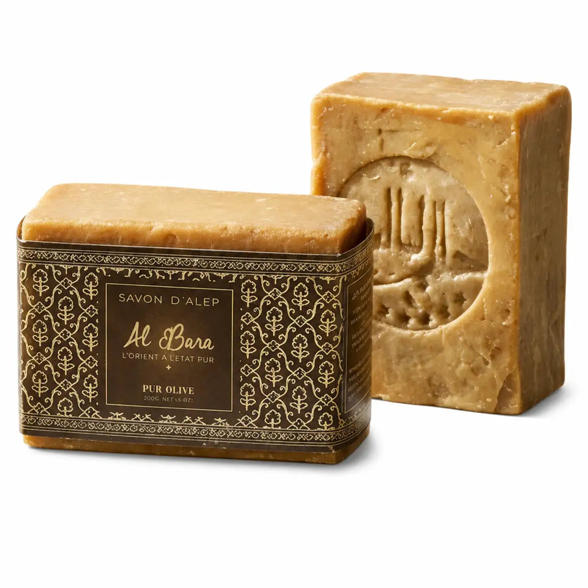 Savon d'Alep pur olive Al Bara 200g avec boîte décorée et logo médaillon