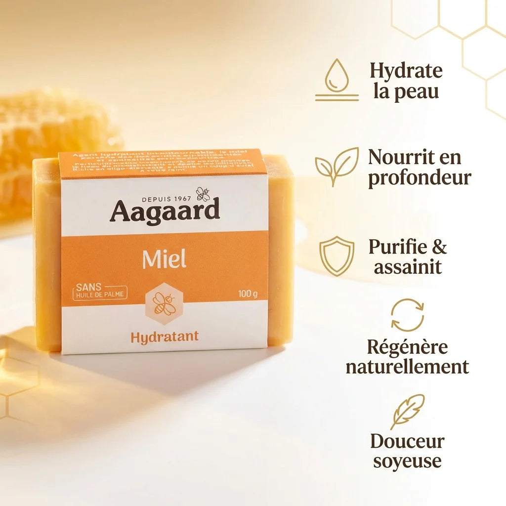 Savon Aagaard Miel 100g avec ses 5 bénéfices : hydrate, nourrit, purifie, régénère, douceur