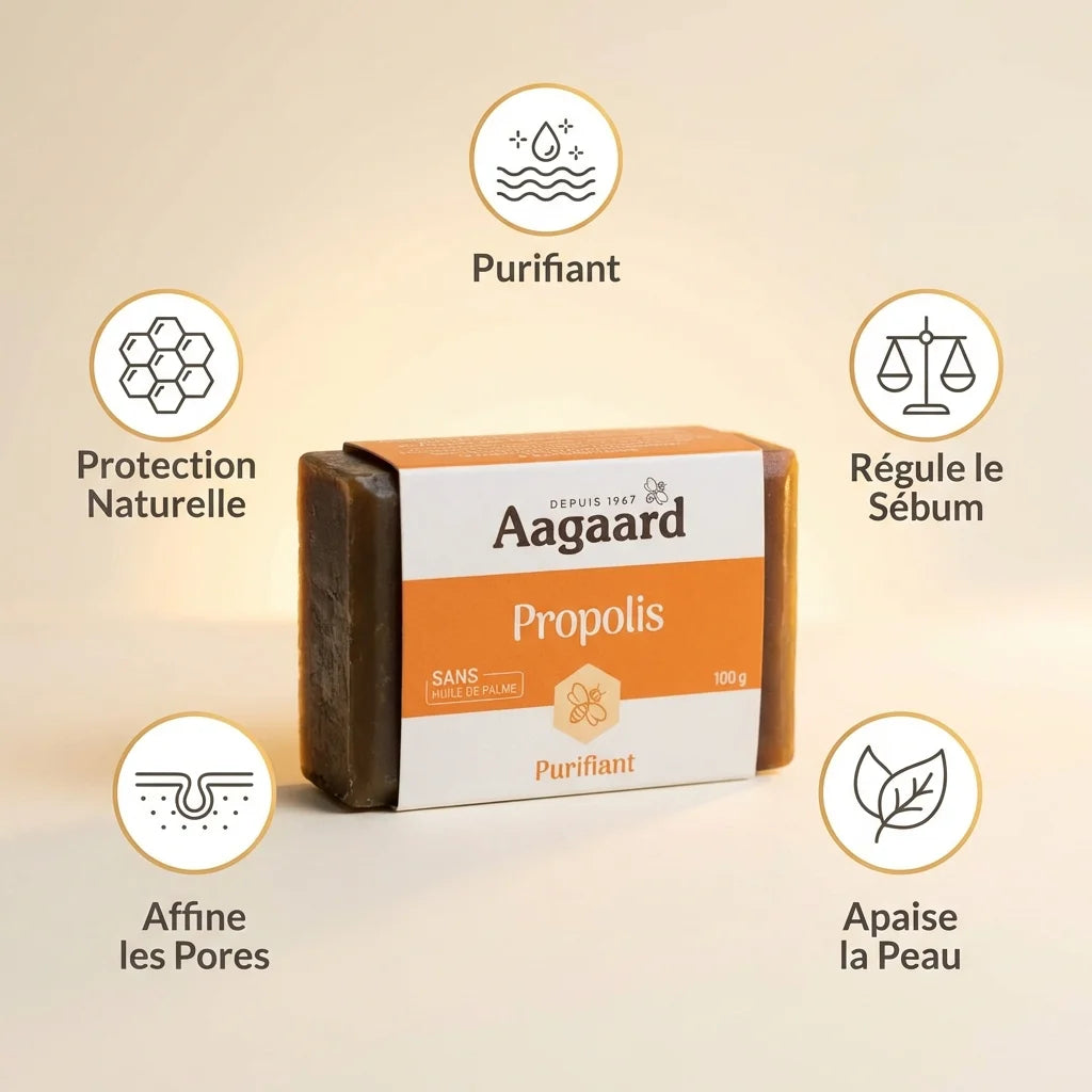 Savon Propolis Aagaard 100g avec bénéfices: purifiant, régule sébum, apaise peau, affine pores