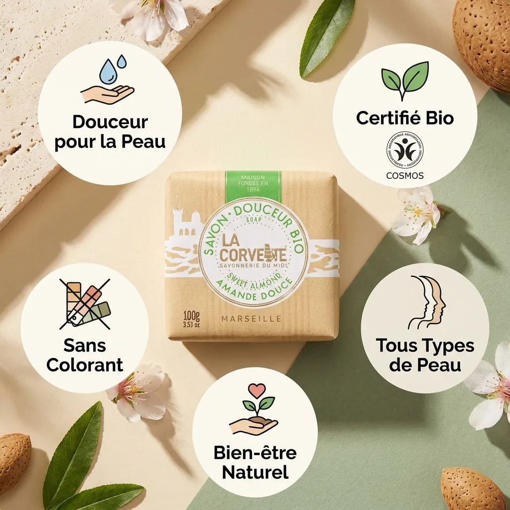 Savon de Marseille bio amande douce La Corvette 100g avec infographie bénéfices peau certifié cosmos