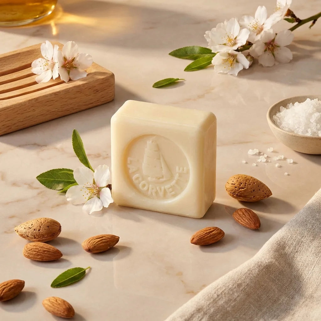 Savon de Marseille bio amande douce 100g La Corvette sur surface marbre avec amandes et fleurs