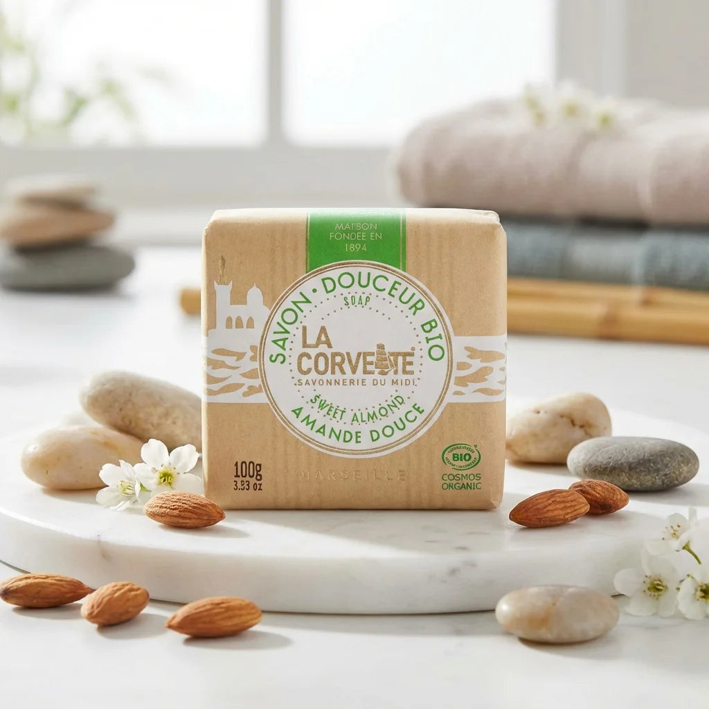 Savon de Marseille douceur bio amande douce La Corvette 100g avec emballage kraft