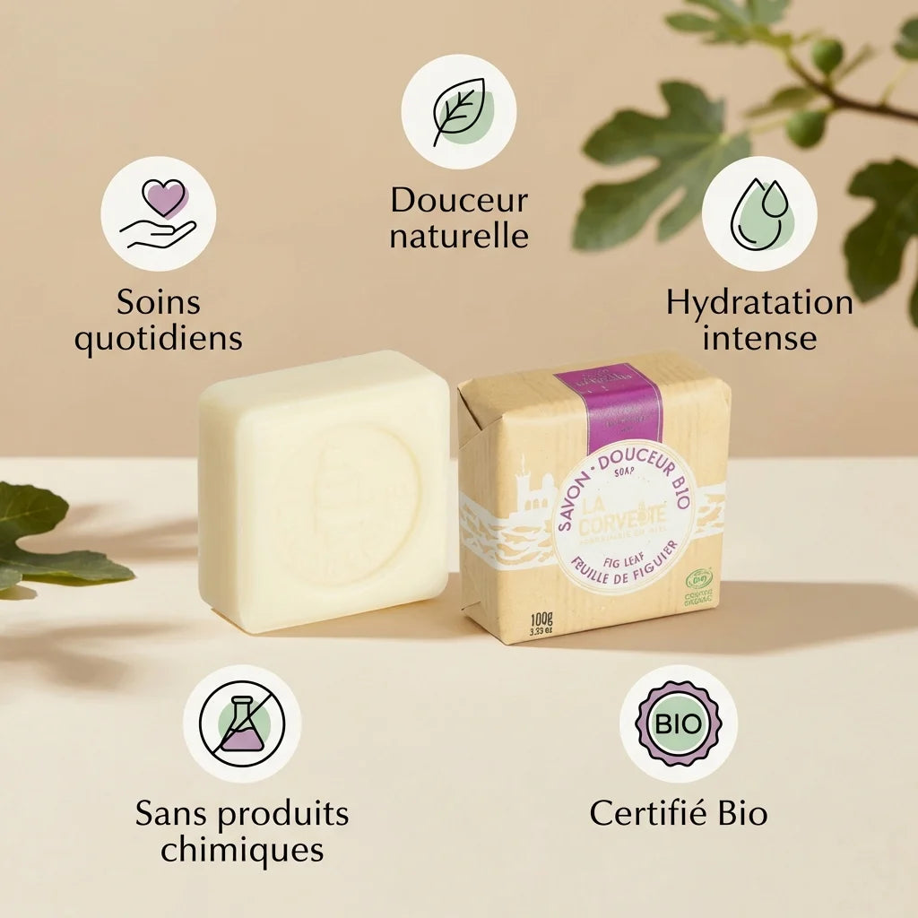 Savon de Marseille bio figuier La Corvette 100g avec infographie des bénéfices naturels et hydratation