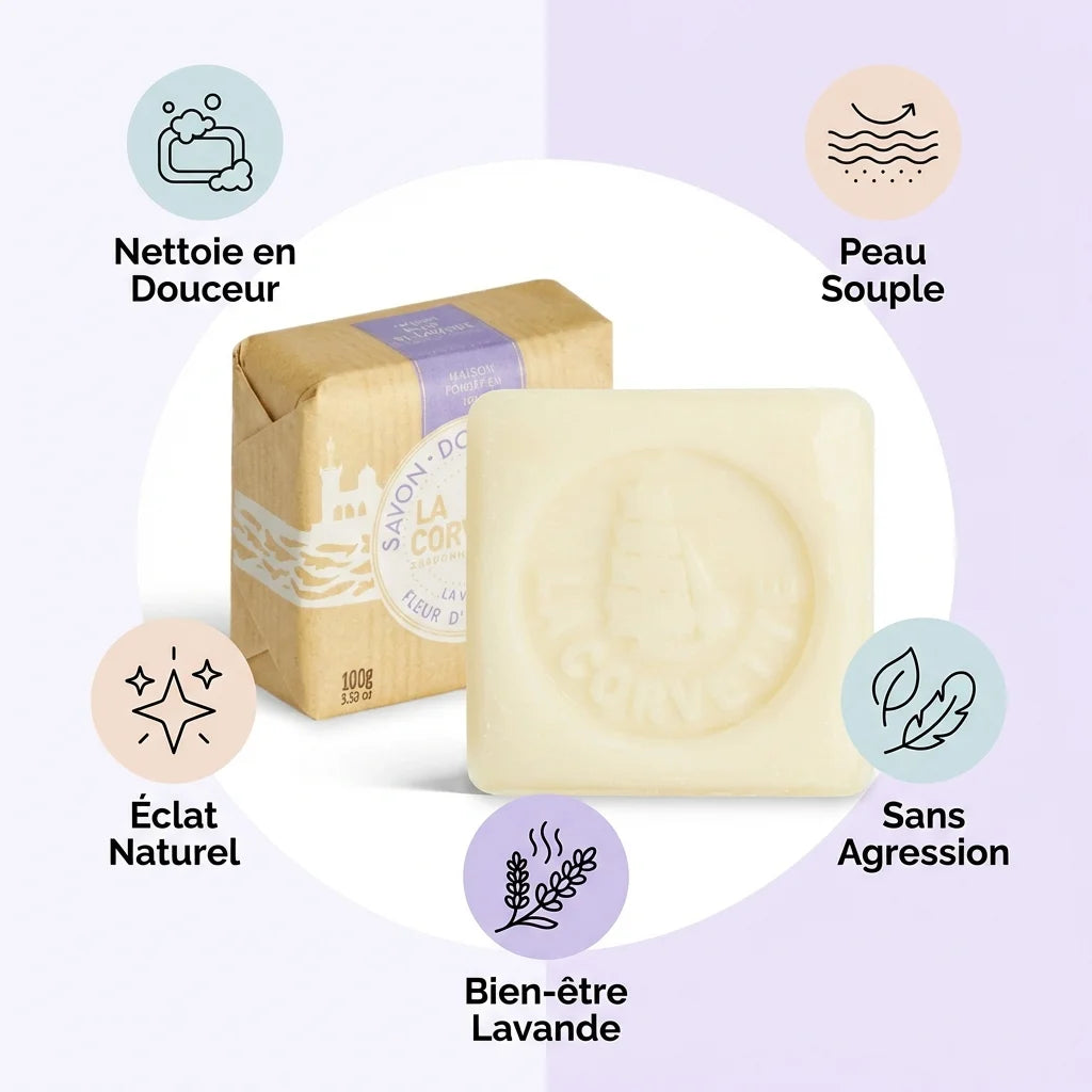 Savon Marseille bio lavande 100g La Corvette avec infographies bénéfices douceur peau souple