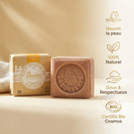 Savon de Marseille bio à l'argan La Corvette 100g avec icônes bénéfices naturels et packaging kraft
