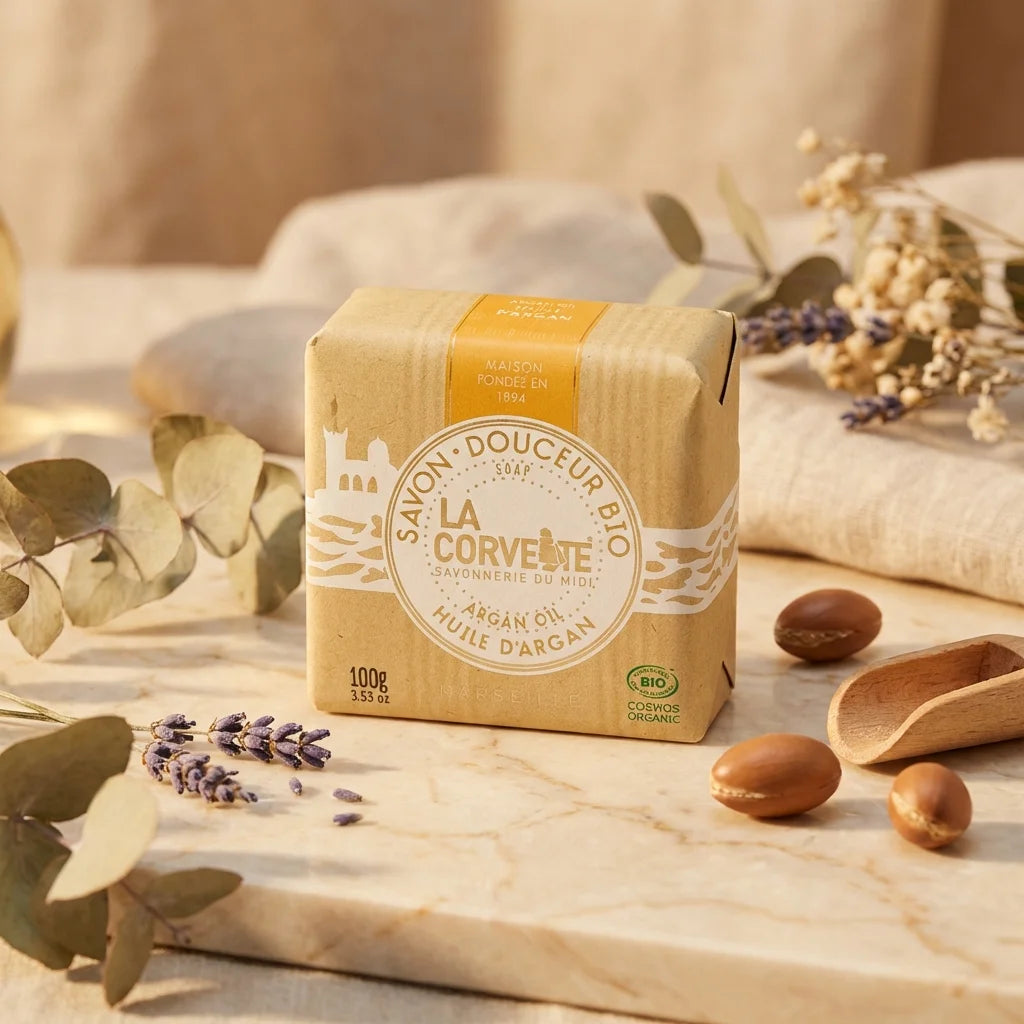 Savon de Marseille bio La Corvette à l'huile d'argan 100g sur fond spa minimaliste