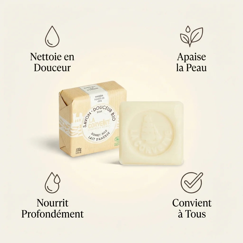 Savon Marseille lait ânesse bio La Corvette 100g avec bénéfices: nettoie, apaise, nourrit, convient tous