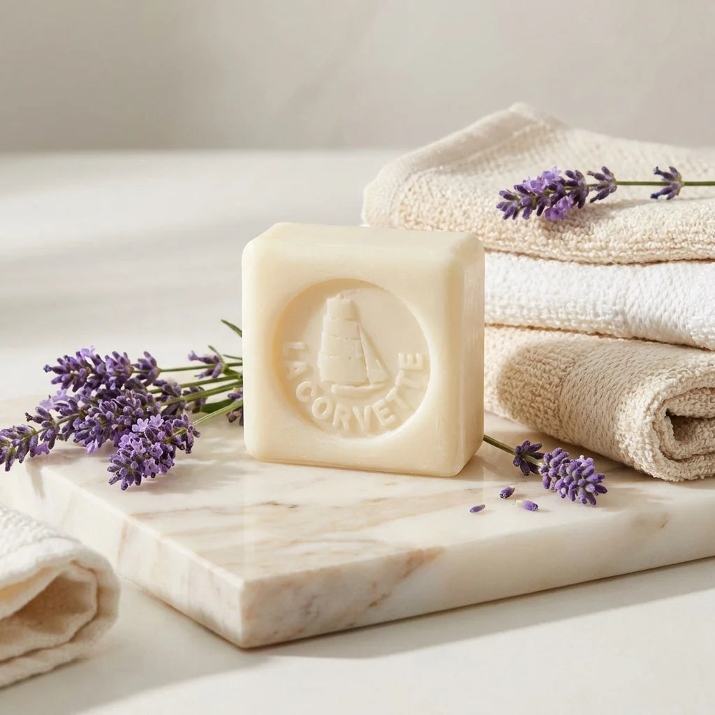 Savon de Marseille bio lait d'ânesse La Corvette 100g sur marbre avec lavande
