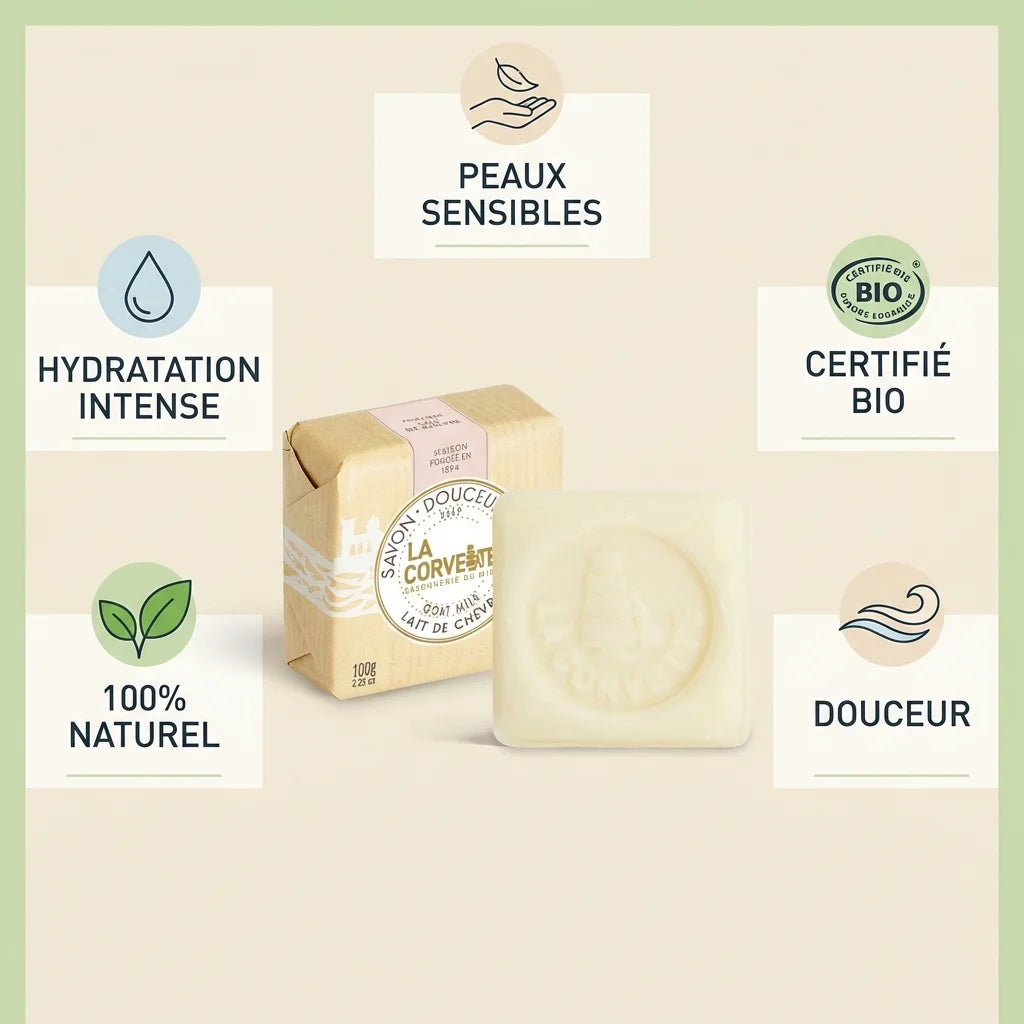 Savon Marseille lait de chèvre bio La Corvette 100g avec bénéfices peaux sensibles