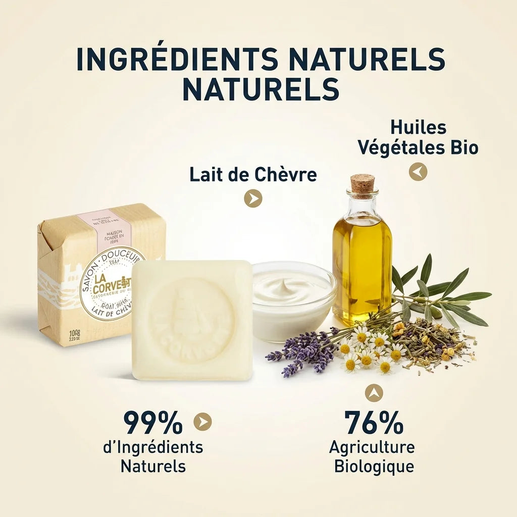 Savon de Marseille Douceur Bio Lait de Chèvre La Corvette avec ingrédients naturels et huiles végétales