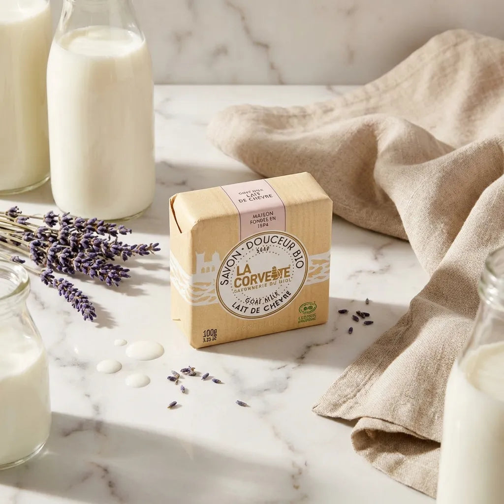 Savon de Marseille bio lait de chèvre La Corvette 100g sur marbre avec lavande