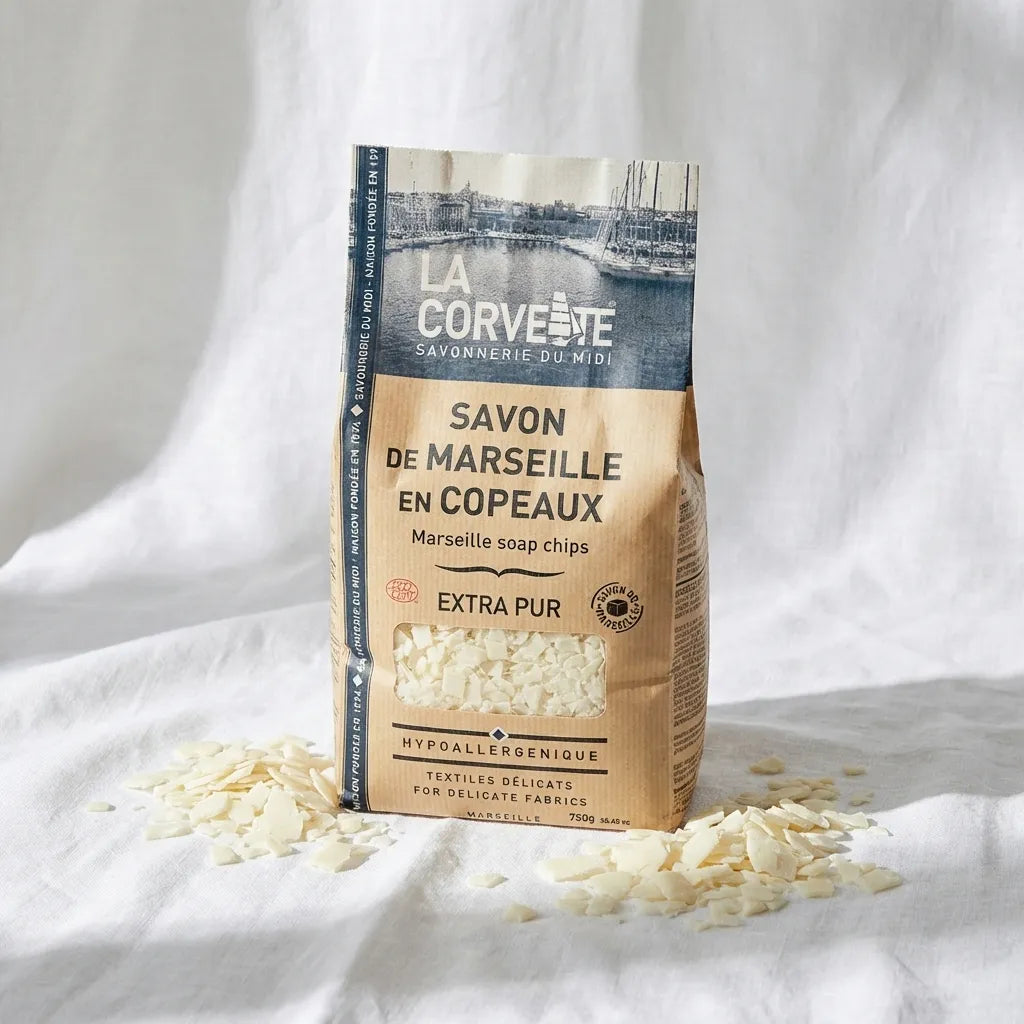 Savon de Marseille copeaux 750g La Corvette sur tissu lin blanc avec flocons dispersés