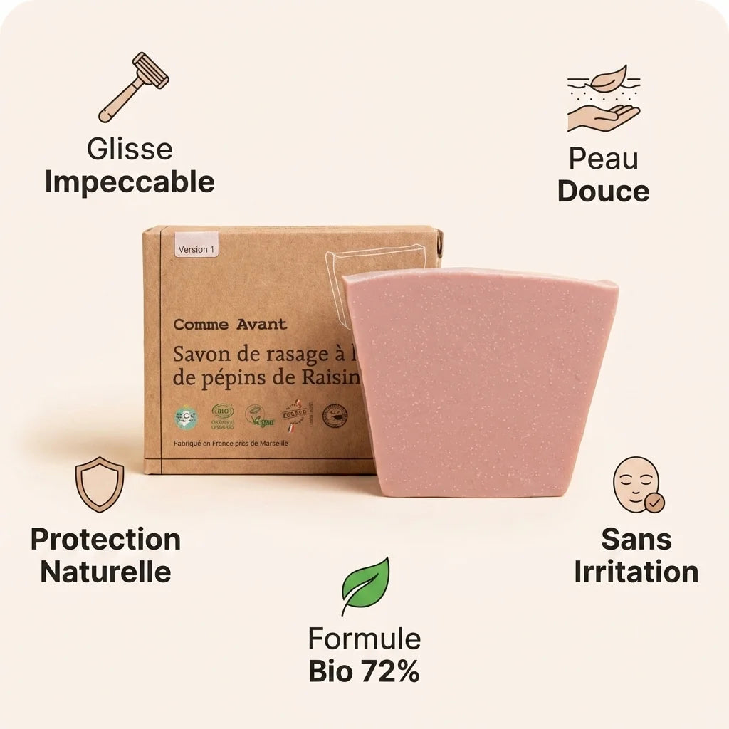 Savon de rasage Comme Avant huile de pépins de raisin bio avec bénéfices : glisse, douceur, protection naturelle