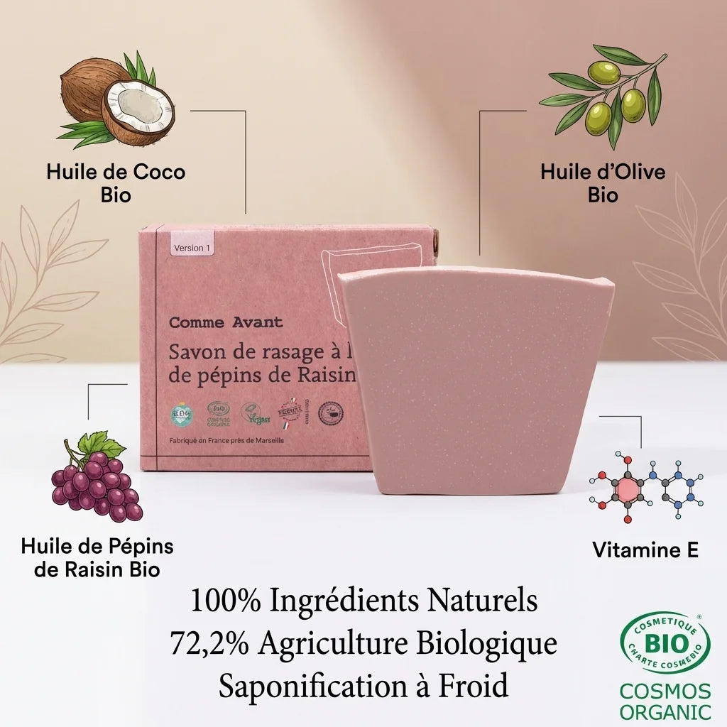 Savon de rasage Comme Avant à l'huile de pépins de raisin 100g bio avec ingrédients naturels