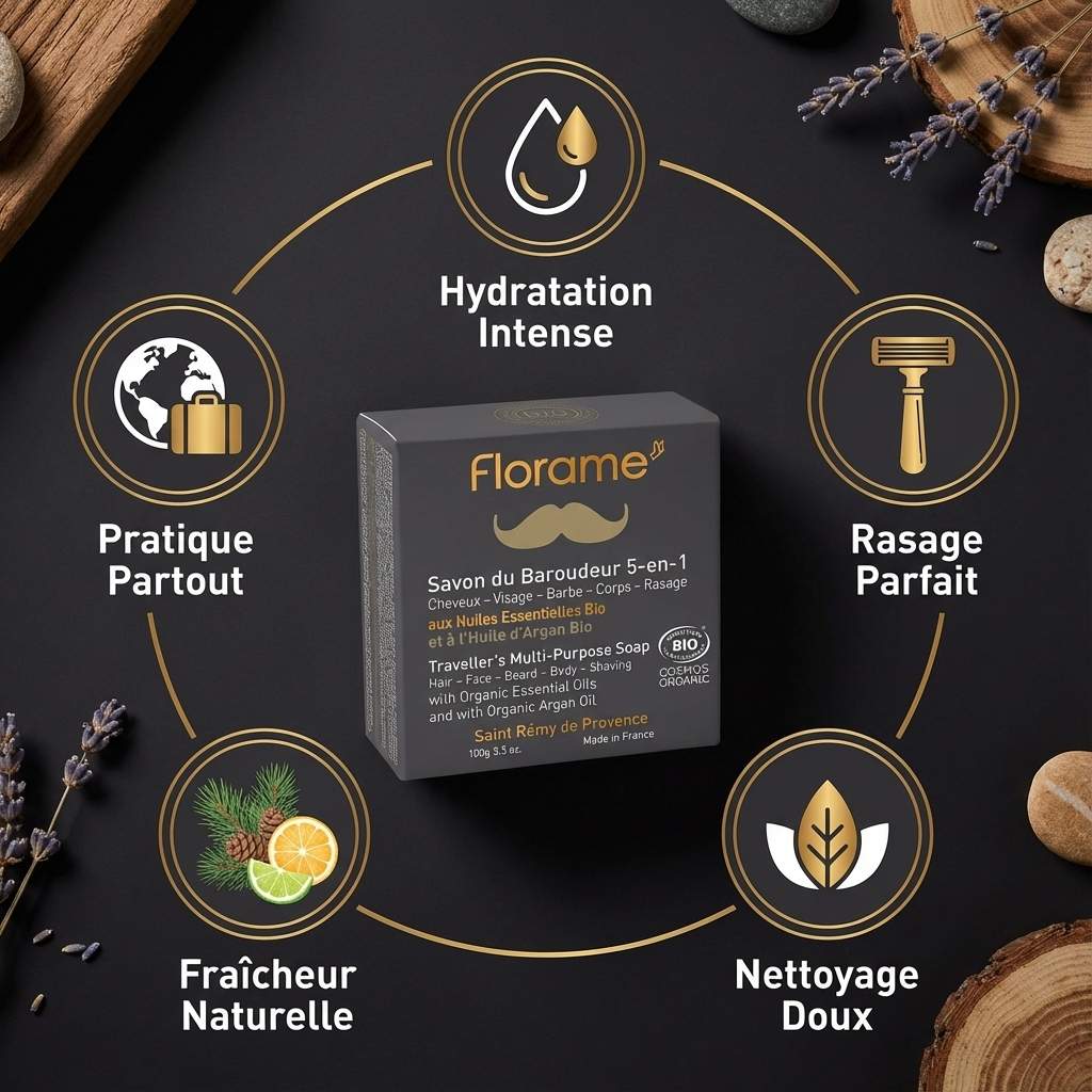 Savon rasage bio Florame 5 en 1 avec certification cosmétique, bénéfices hydratation et fraîcheur naturelle