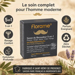 Savon de rasage bio Florame 5 en 1 avec packaging gris, bénéfices hydratation et zéro déchet