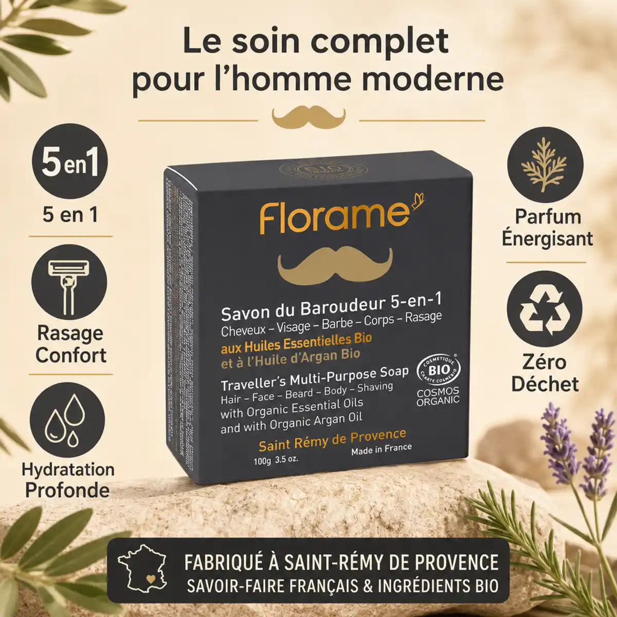 Savon de rasage bio Florame 5 en 1 avec packaging gris, bénéfices hydratation et zéro déchet