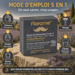 Savon rasage bio Florame 5 en 1 avec guide d'usage cheveux, visage, barbe, rasage et corps