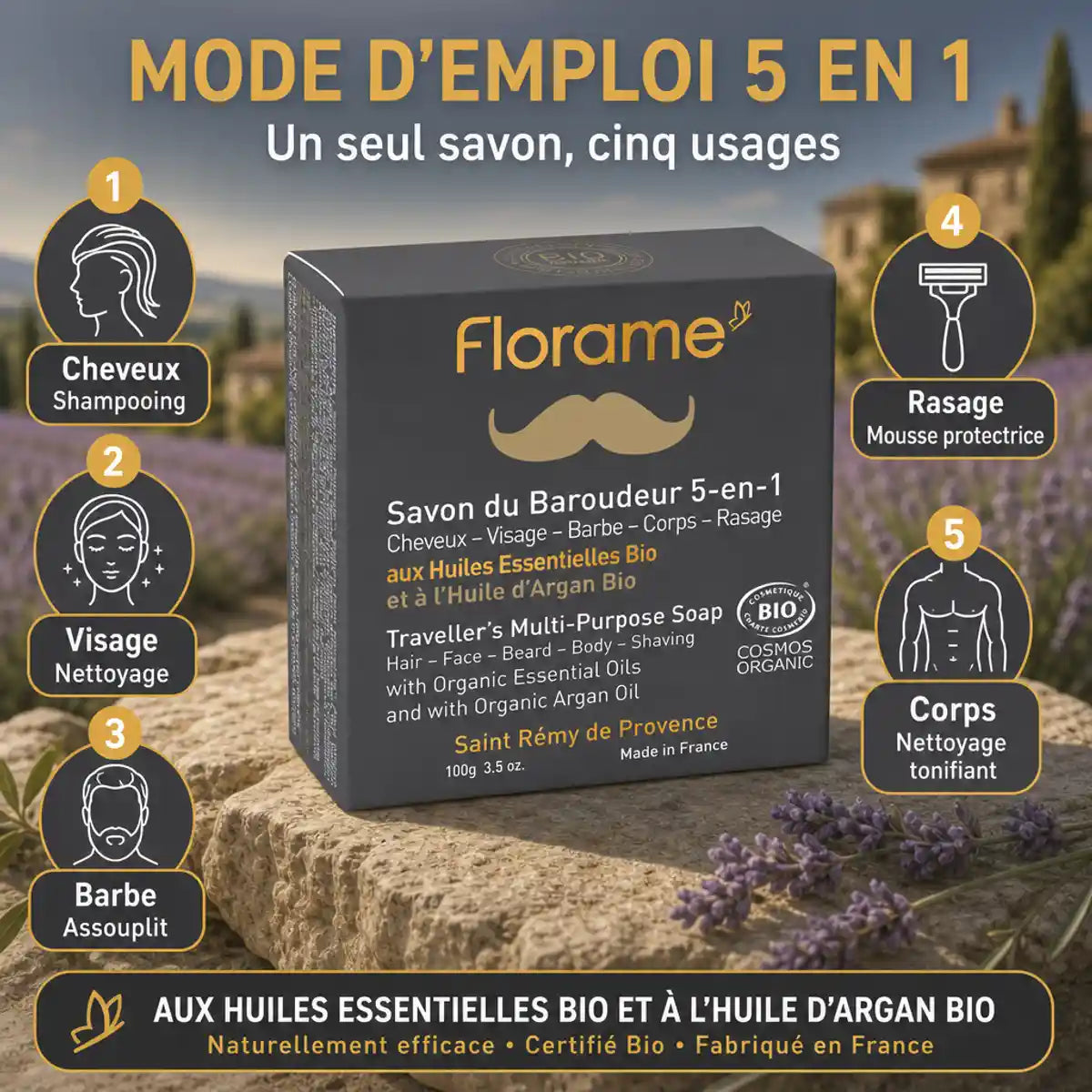 Savon rasage bio Florame 5 en 1 avec guide d'usage cheveux, visage, barbe, rasage et corps