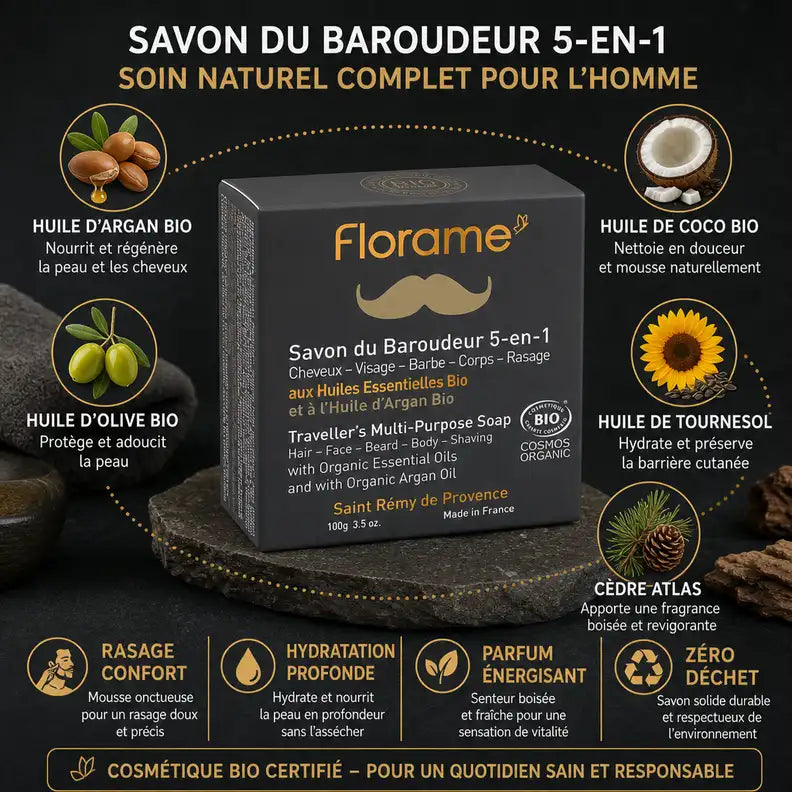 Savon rasage bio Florame Baroudeur 5 en 1 avec ingrédients organiques et certifications écologiques