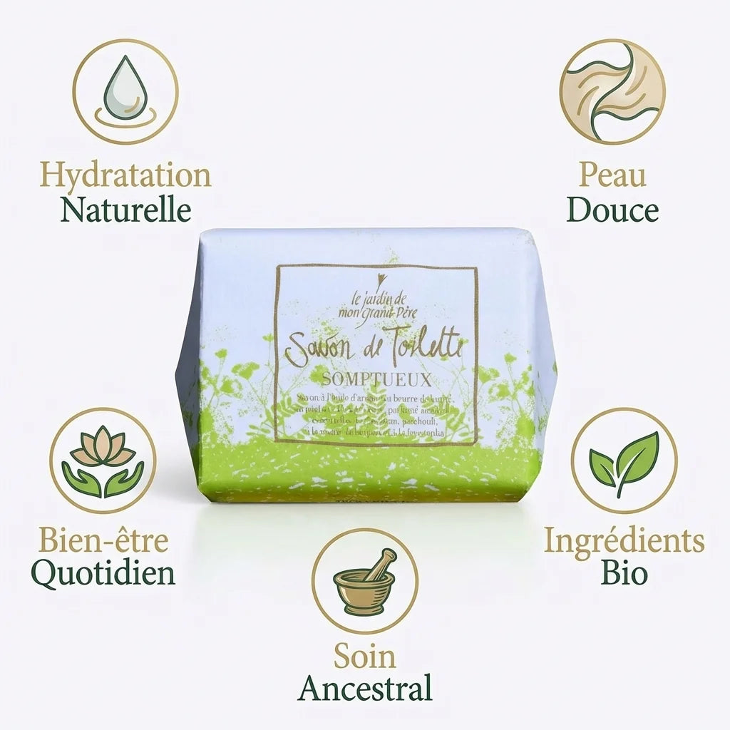 Savon Somptueux 170g Jardin de mon Grand Père avec bénéfices hydratation, peau douce et ingrédients bio