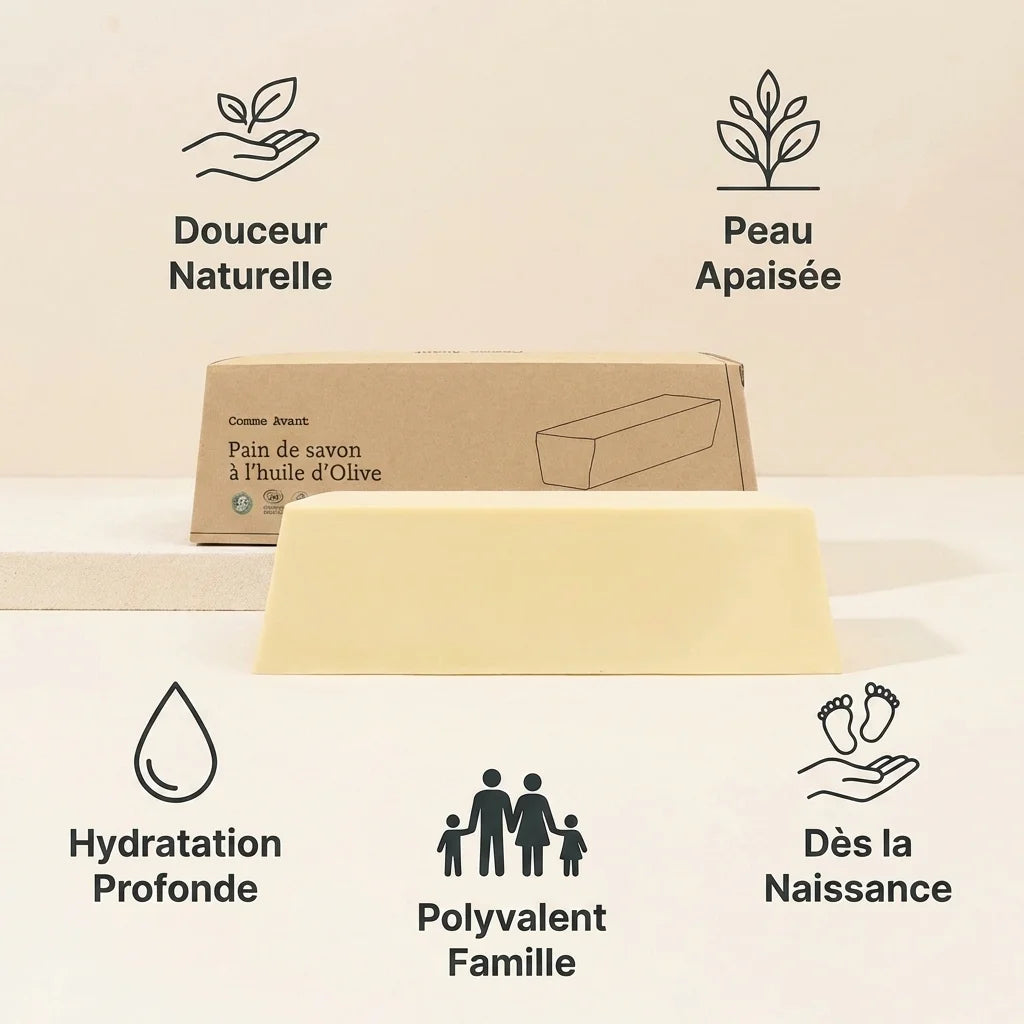 Savon à l'huile d'olive Comme Avant 1kg avec infographie bénéfices dès la naissance