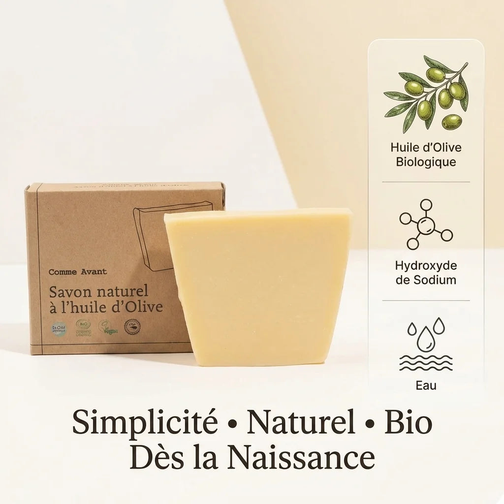 Savon huile d'olive bio Comme Avant 100g avec ingrédients naturels et packaging, dès la naissance