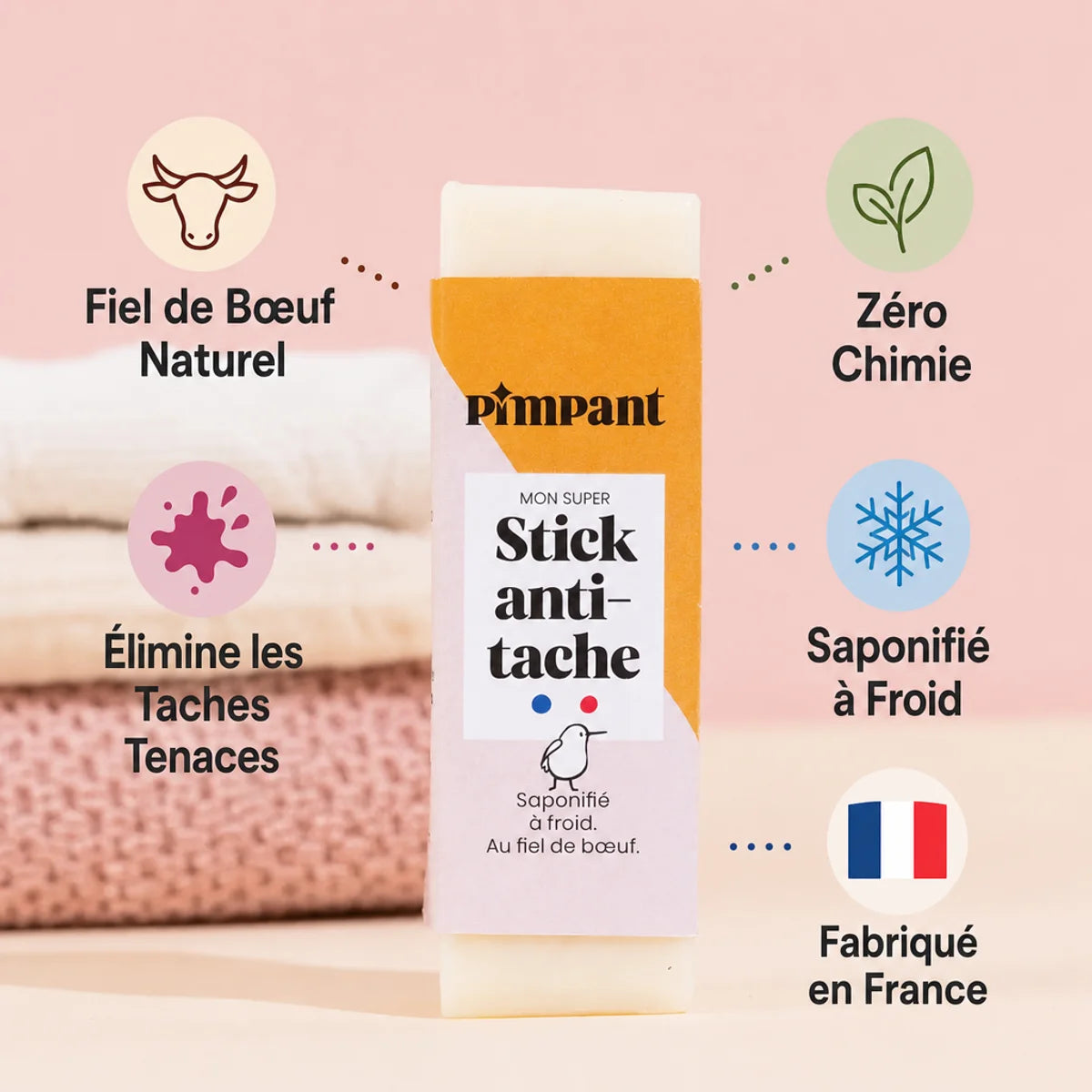 Savon détachant Pimpant au fiel de bœuf avec ses 5 bénéfices clés sur fond rose