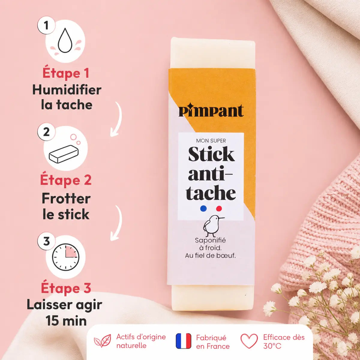 Savon détachant Pimpant au fiel de boeuf avec étapes d'utilisation sur fond rose minimaliste