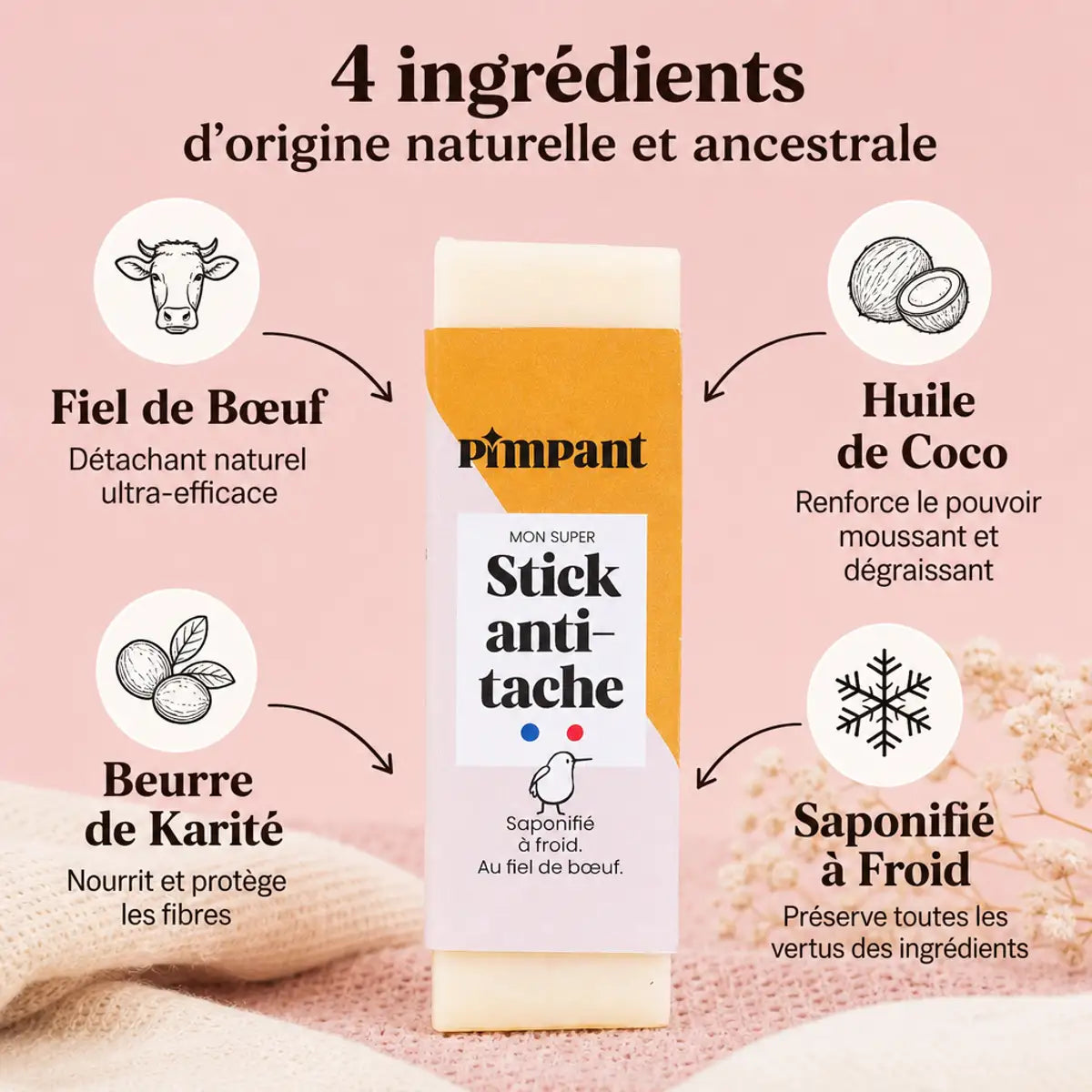 Savon Pimpant anti-tache au fiel de bœuf avec ingrédients naturels: huile de coco et beurre de karité