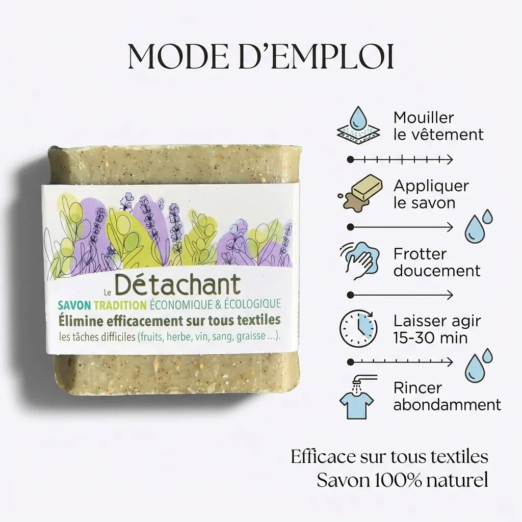 Savon détachant bio Eolesens 150g avec mode d'emploi - nettoyage naturel tous textiles