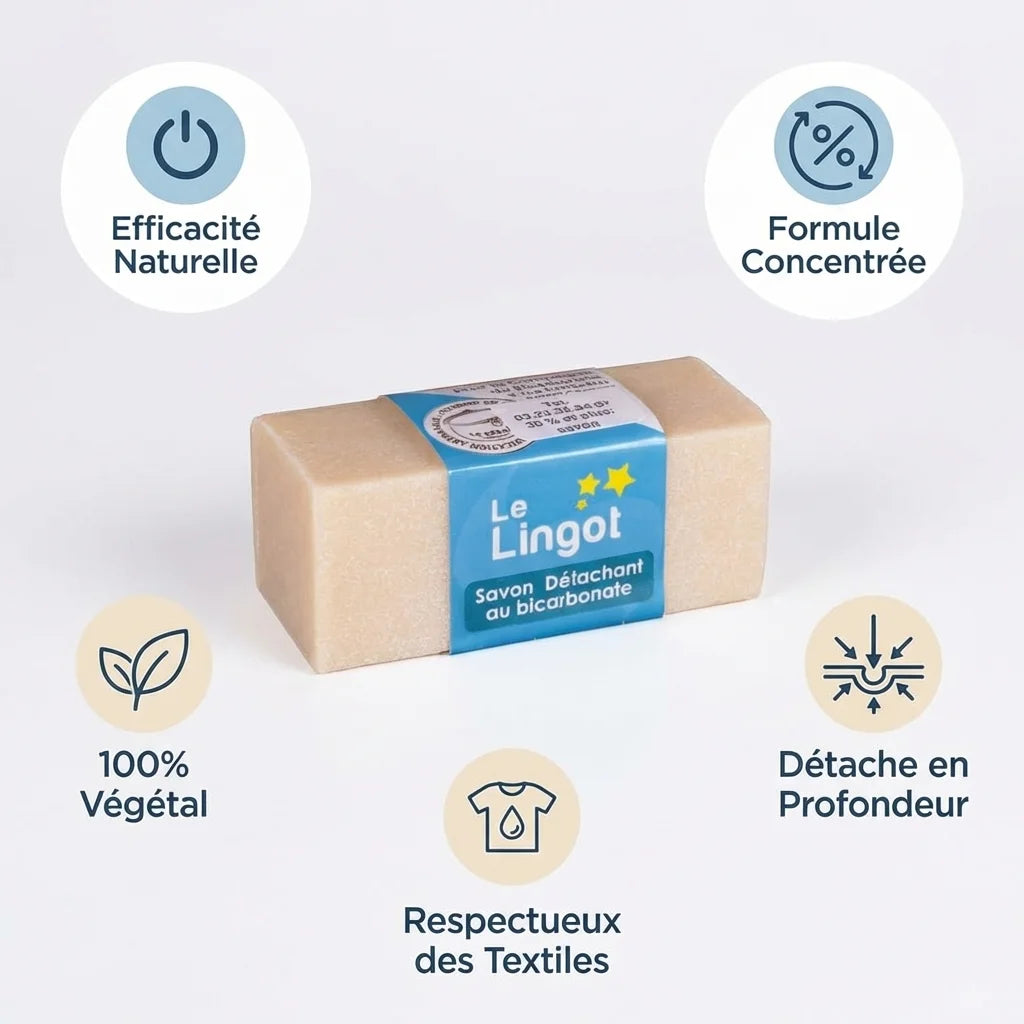 Savon détachant Le Lingot 80g - formule naturelle 100% végétal avec infographie avantages