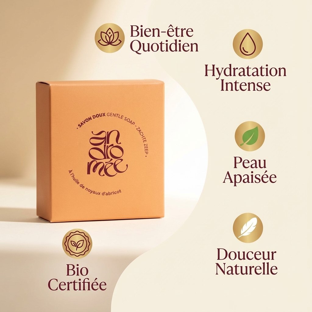 Savon doux Andromée 100g saponifié froid avec bénéfices hydratation, apaisement et certification bio